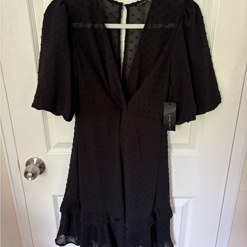 Black Tape Black Flutter Sleeve Plunge Midi Dress